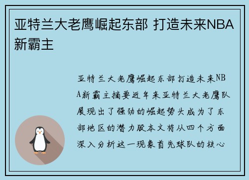 亚特兰大老鹰崛起东部 打造未来NBA新霸主