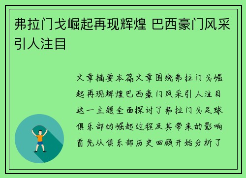 弗拉门戈崛起再现辉煌 巴西豪门风采引人注目